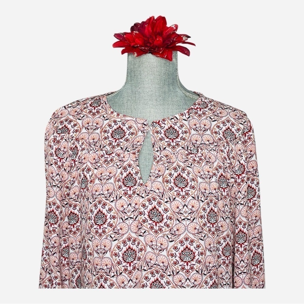 LOFT Large Red Pink Floral Blouse Keyhole Neck Long Sleeve Lightweight Top - Picture 6 of 13